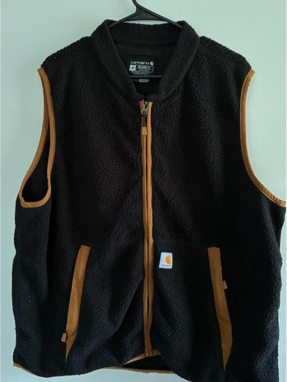 Carhartt Men's Black Fleece Gilet Vest with Brown Trim, XL Relaxed Fit